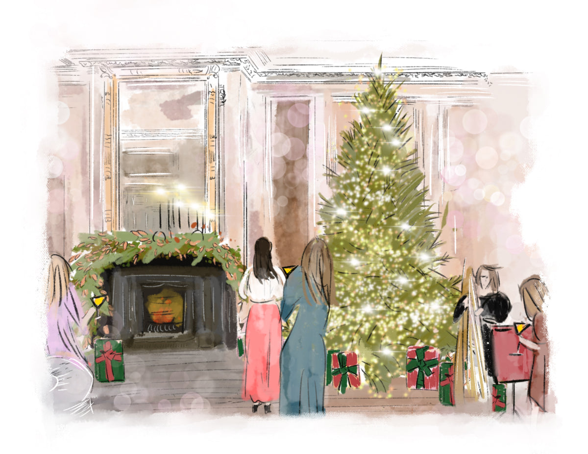 Illustrated Christmas interior scene with a glowing tree, fireplace garland, and people gathered around, artwork by Rebecca Illustrated