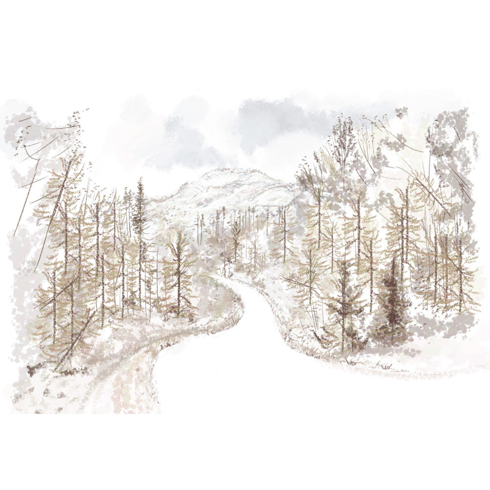 Wintry forest landscape illustration with snowy trees, mountain background, and a winding road — artwork by Rebecca Illustrated